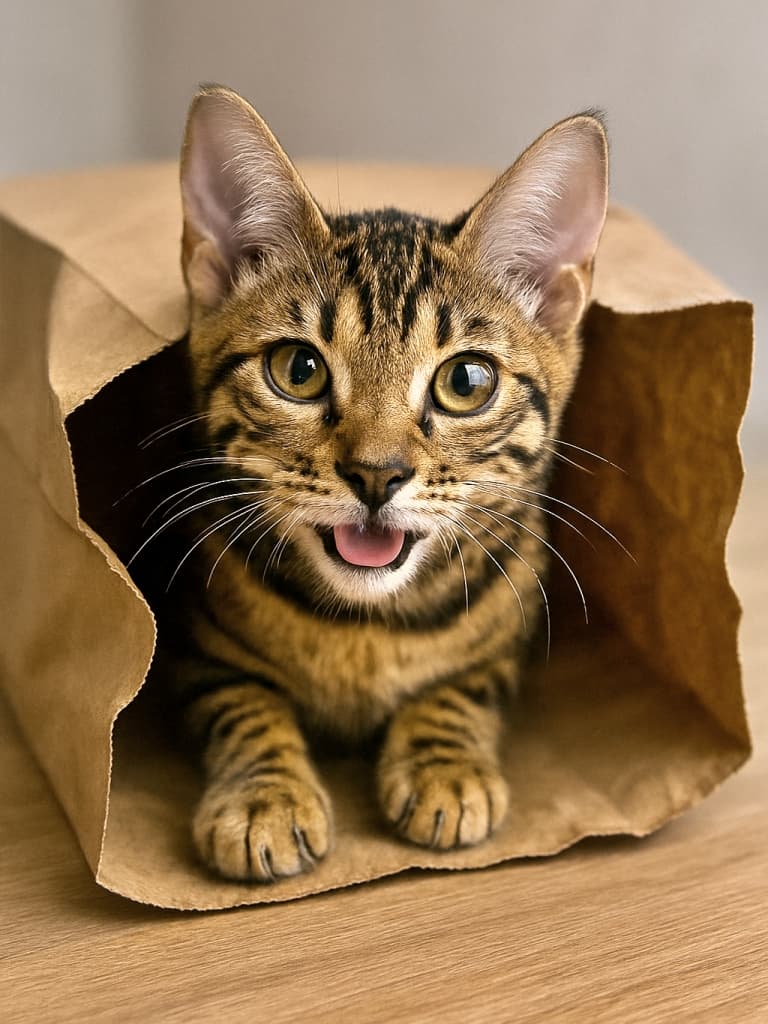 A photorealistic Bengal kitten with golden-brown fur and dark rosettes peeks playfully out of a crumpled brown paper grocery bag, its wide amber eyes and perked ears full of curiosity. 写実的なベンガル子猫が、くしゃくしゃの茶色い紙袋からいたずらっぽく顔を覗かせている。金褐色の毛並みに黒いロゼット模様、好奇心いっぱいの瞳とピンと立った耳が印象的