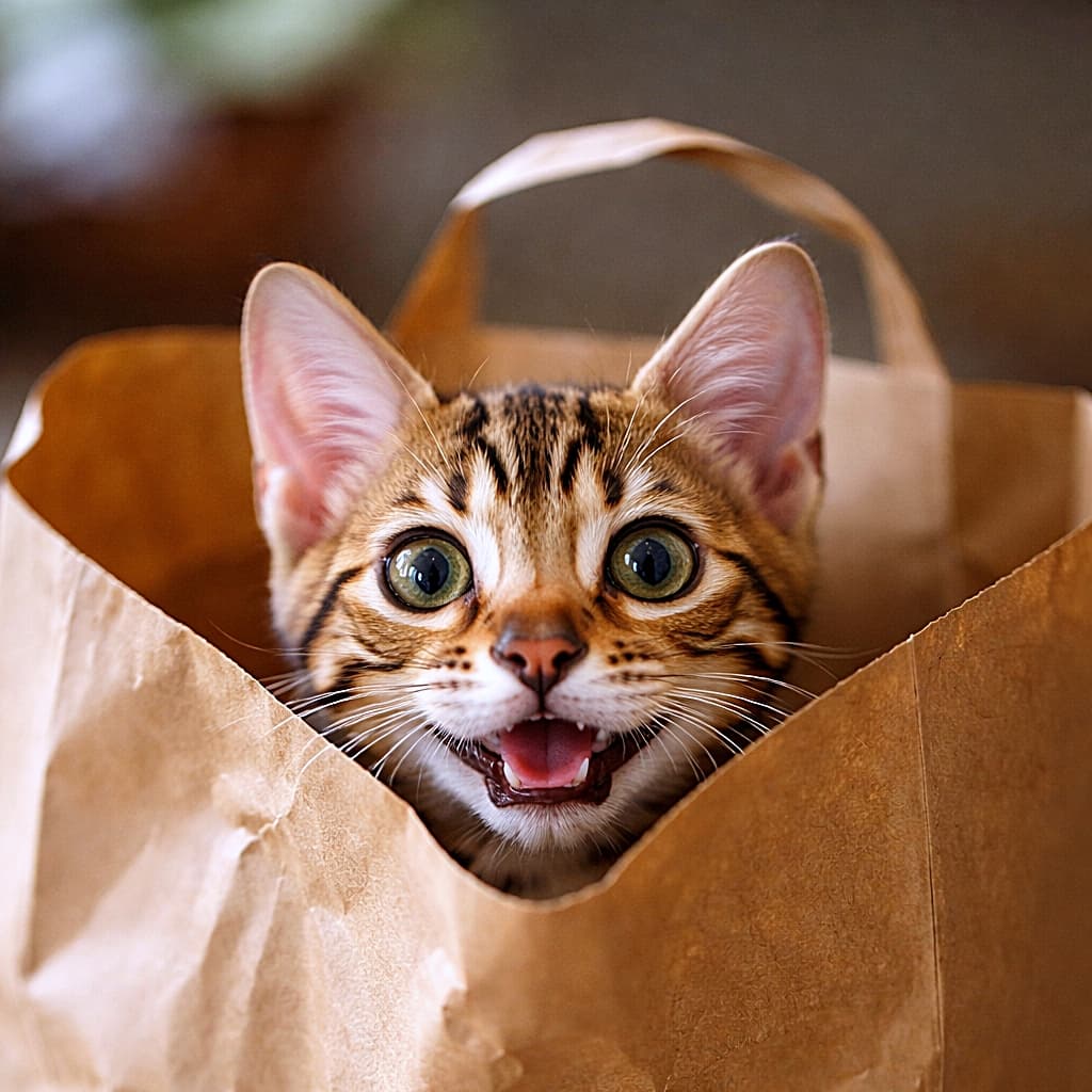 「紙袋の中は秘密基地。「見つかっちゃった?」な顔のベンガル子猫が可愛すぎる」A mischievous Bengal kitten peeking out from a brown paper grocery bag, with wide green eyes and a playful expression. 茶色の紙袋の中から顔をのぞかせる、いたずらっぽい表情のベンガル子猫。大きな緑の瞳が印象的