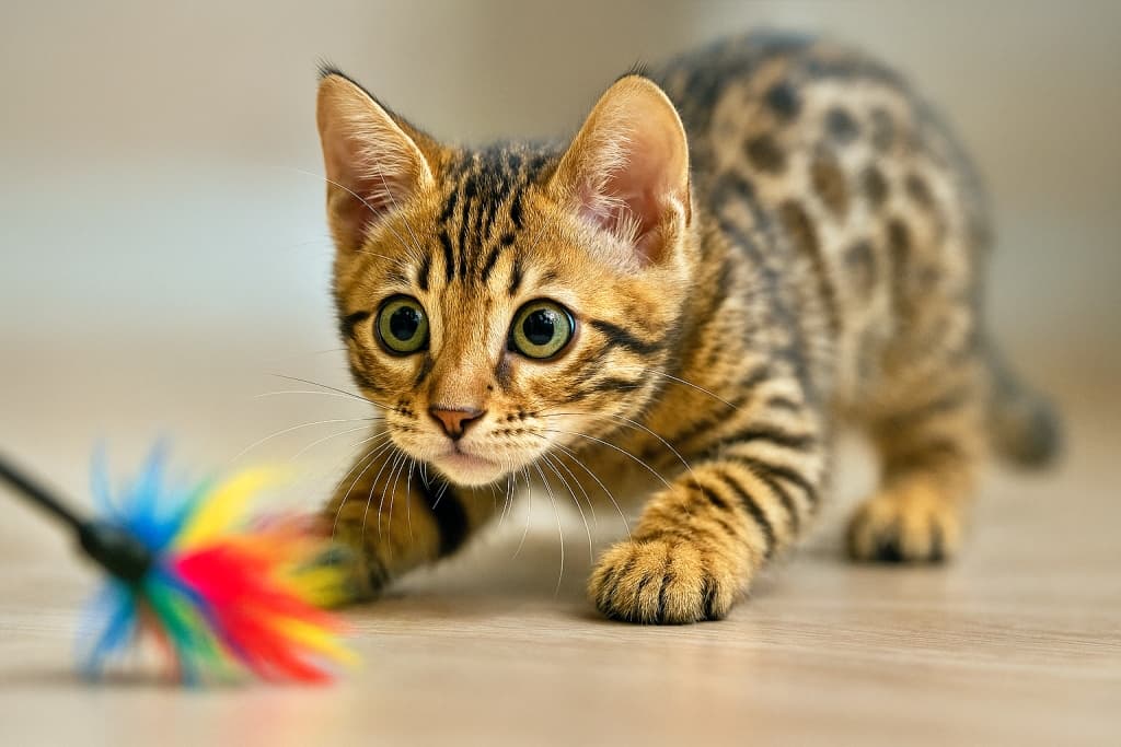 A photorealistic Bengal kitten crouches low in a playful pounce position, eyes wide and pupils dilated, fixated on a vibrant feather toy on a smooth indoor floor. フォトリアルなベンガル子猫が室内の床で低く身をかがめ、瞳孔を大きく開いてカラフルな羽のおもちゃを狙っている