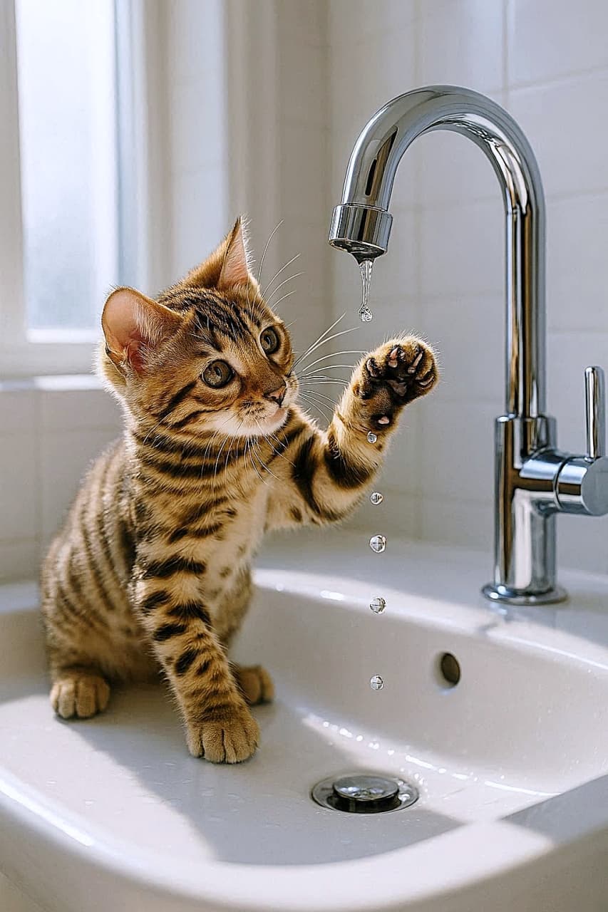 「洗面台は遊び場!水とじゃれるベンガル子猫、好奇心全開です♪」A photorealistic Bengal kitten sits inside a white ceramic sink in a brightly lit modern bathroom, reaching up with one paw toward shimmering water droplets falling from a chrome faucet. The kitten’s golden-brown fur with dark stripes and spots glistens under soft natural light from a nearby window. 明るいモダンなバスルームで、白い陶器製の洗面台の中に座ったベンガル子猫が、クロム製の蛇口から落ちるきらめく水滴に向かって前足を伸ばしている。窓から差し込む柔らかな自然光が、縞模様と斑点のある金茶色の毛並みを美しく照らしている