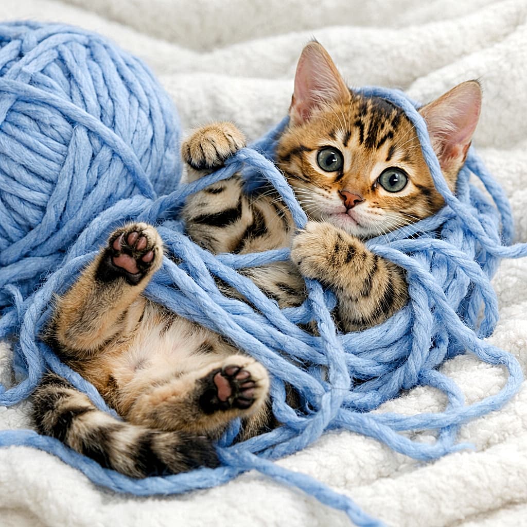 「ほどけないのは毛糸だけじゃない。可愛さも完全に絡まり中!」A playful Bengal kitten tangled in a large ball of chunky blue yarn while lying on a soft white blanket, photorealistic. 白いブランケットの上で、大きな青い極太毛糸に絡まりながら遊ぶベンガル子猫のフォトリアルな写真