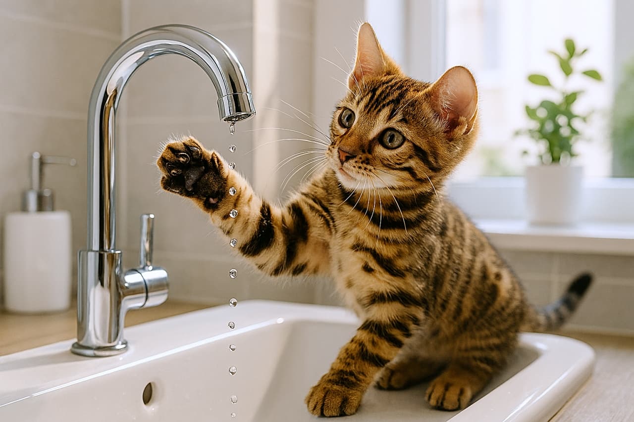 「キラキラ水しぶきに夢中!小さな冒険家、今日も全力です」
A photorealistic Bengal kitten stands on the edge of a white ceramic sink in a bright modern bathroom, reaching up with one paw to bat at shimmering water droplets falling from a chrome faucet. Natural light from a nearby window illuminates the kitten’s golden-brown coat and the glossy surfaces around it. 明るいモダンなバスルームで、白い洗面台の縁に立ったベンガル子猫が、クロム製の蛇口から落ちる水滴に前足を伸ばして触れようとしている。窓からの自然光が子猫の金茶色の毛並みと周囲の光沢ある質感を柔らかく照らしている