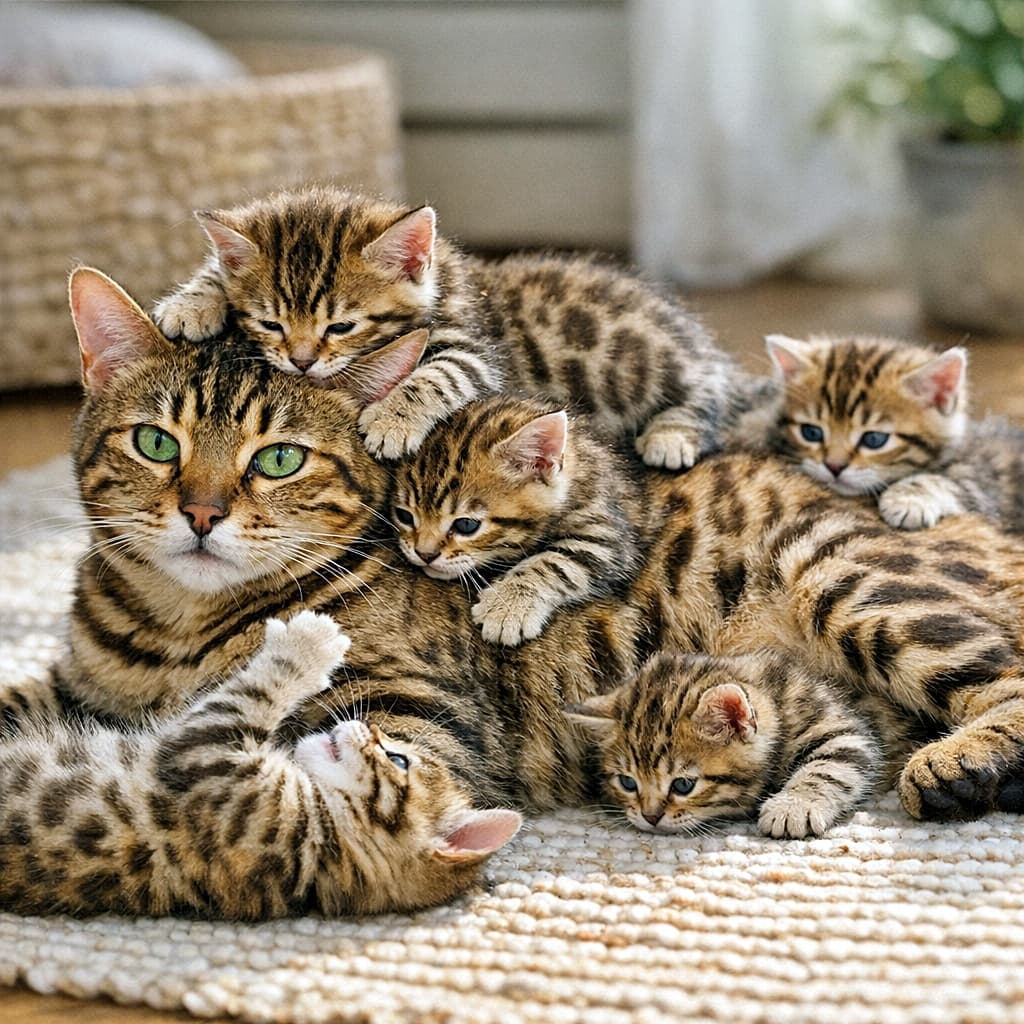 「子猫まみれで身動き取れません!😹 ママの上は大人気スポット🐾 我慢強い表情に愛を感じるね💕🐆」Close-up of a patient Bengal mother cat looking directly at the camera while a pile of fluffy kittens climbs all over her head and back on a rug. ラグの上でくつろぐベンガルの母猫と、その頭や背中に積み重なるようによじ登る子猫たちのクローズアップ。母猫は静かにこちらを見つめ、我慢強く子守をしている