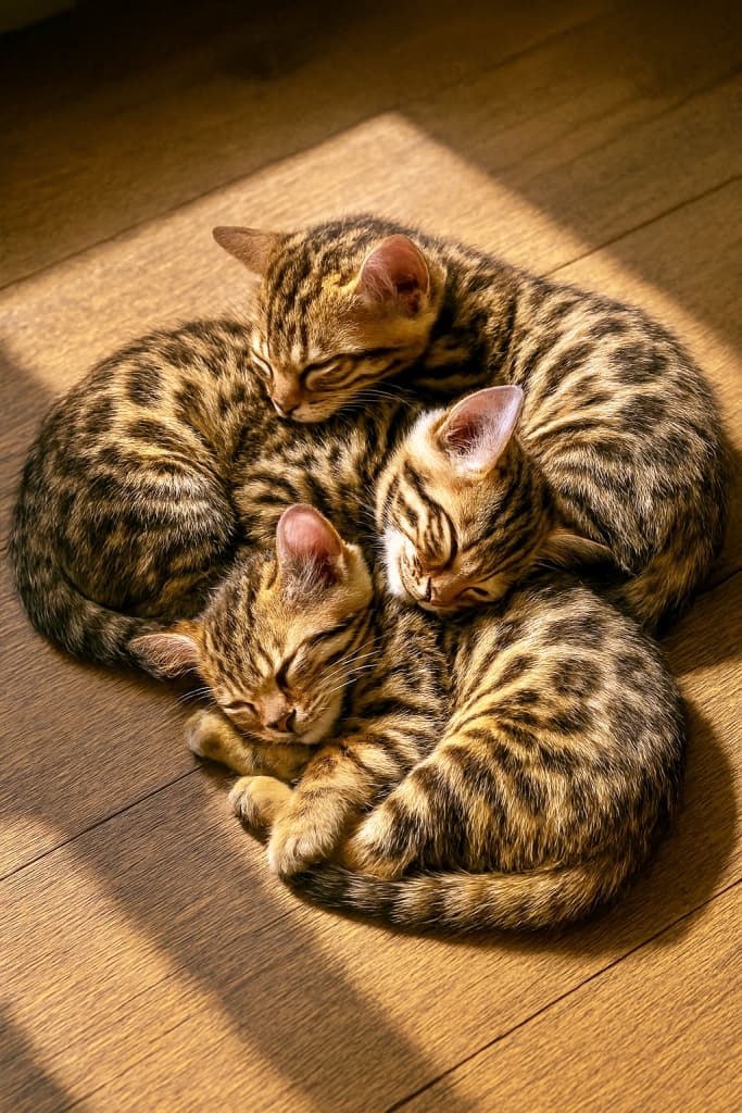 Three Bengal kittens sleep curled up together in a sunbeam on a wooden floor, their spotted coats glowing warmly in the light. 木の床に差し込む陽だまりの中で、3匹のベンガル子猫が寄り添って眠っている。光に照らされた斑点模様の毛並みが温かく輝いている