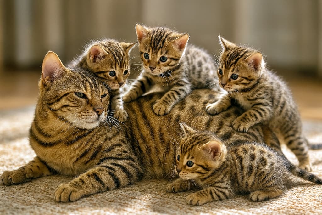 A photorealistic scene of a mother Bengal cat lying on a sunlit rug while four fluffy kittens playfully climb over her, with warm natural lighting highlighting their golden-brown fur and spotted patterns. 日差しが差し込むラグの上でくつろぐベンガル猫の母親に、ふわふわの子猫たち4匹が元気にじゃれつくフォトリアルな情景。自然光が毛並みの模様と温かみを際立たせている