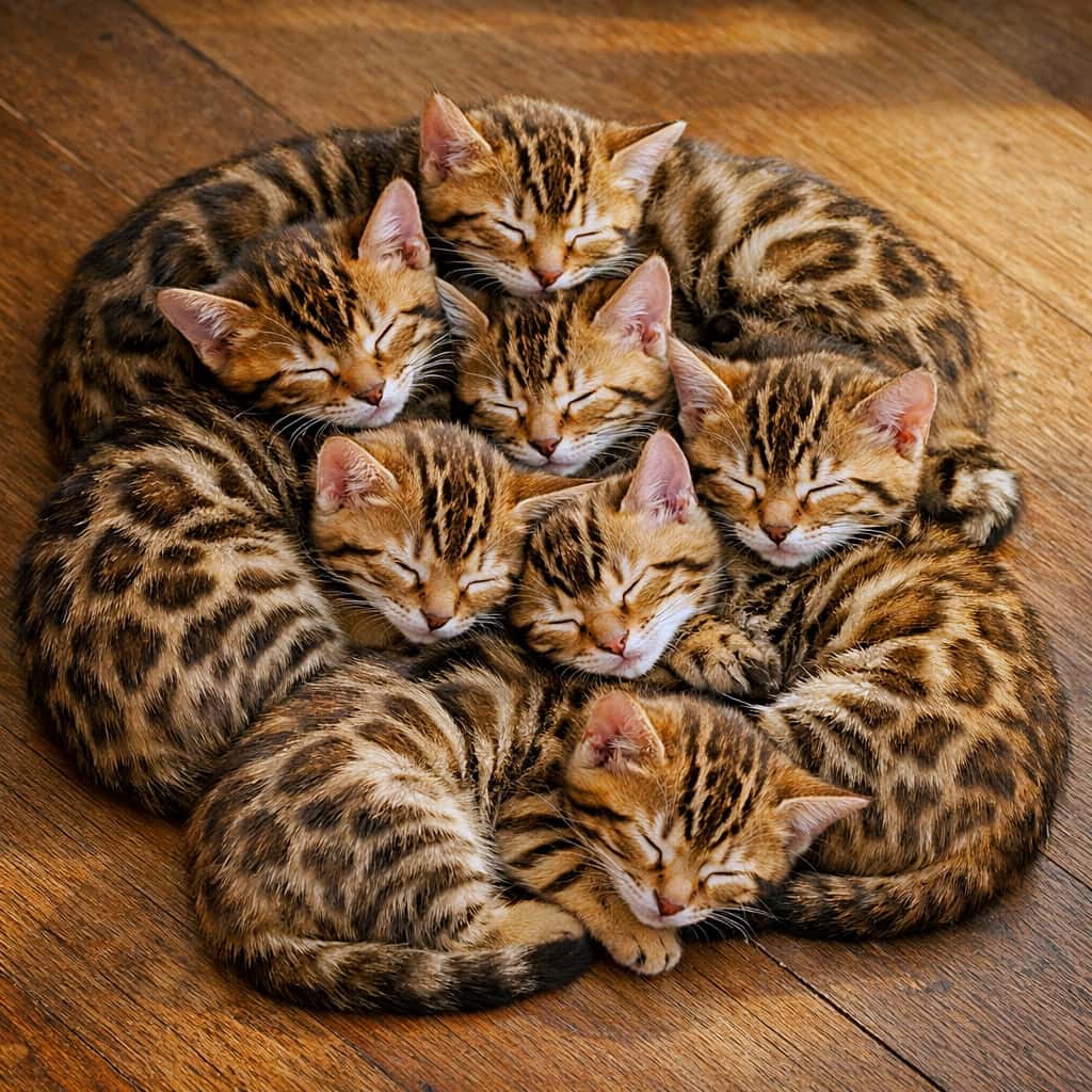 「ヒョウ柄の渦巻き完成!🌀 8匹で作った芸術的な猫団子、美しすぎて崩せない…✨」Top-down shot of eight Bengal kittens sleeping in a perfect, tight spiral circle on a wooden floor, displaying rich leopard-like rosette patterns. 木の床の上で、8匹のベンガル子猫が完璧な円形の渦巻きを作って眠っている真上からのショット。濃いヒョウ柄が美しい