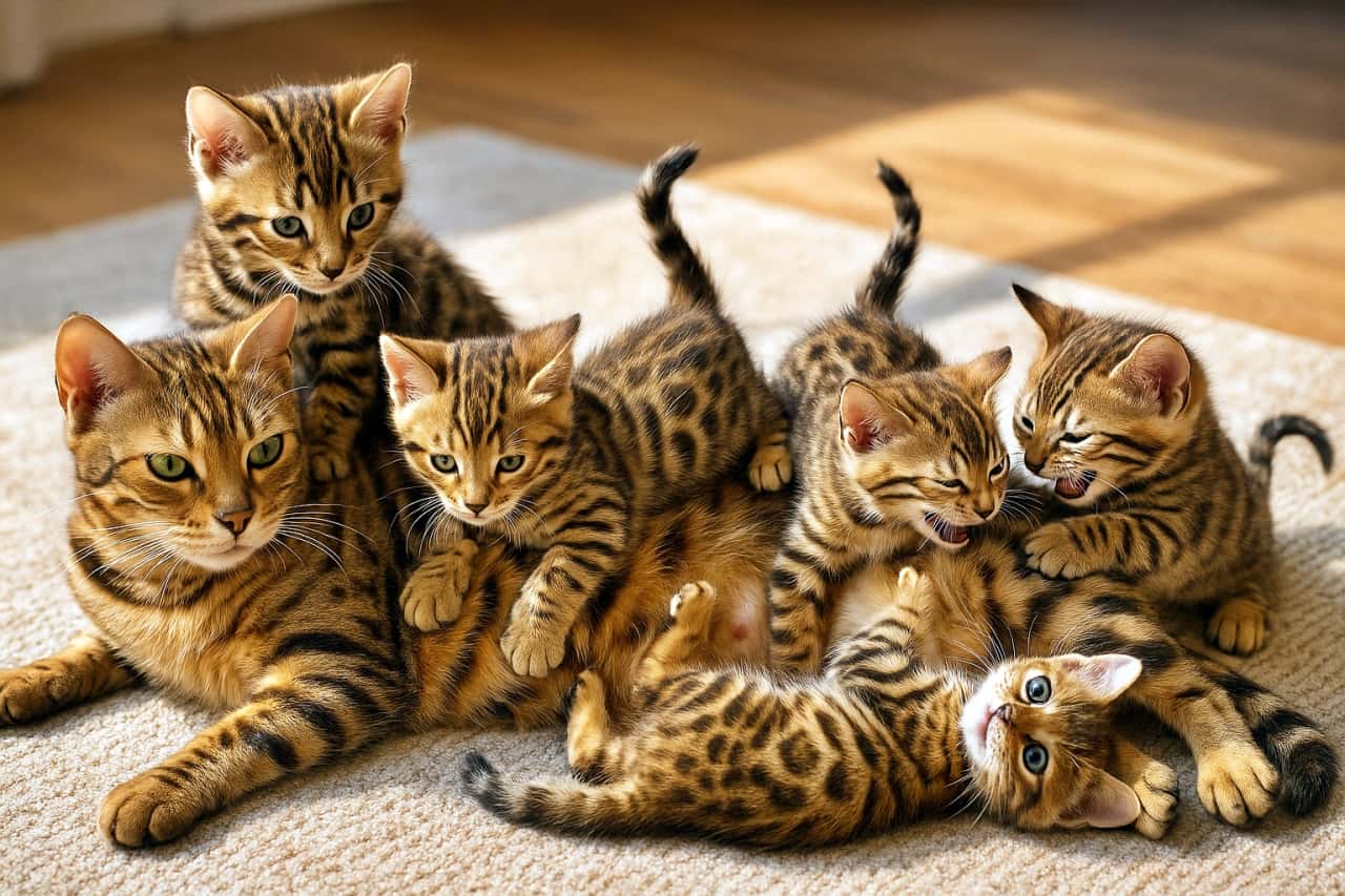 A Bengal mother cat relaxes on a light-colored sunlit rug while five Bengal kittens with golden-brown coats and black spots and stripes playfully climb and tumble over her; the bright room highlights their lively interaction and distinctive patterns. 明るい日差しの差す薄色のラグの上で、ベンガルの母猫がくつろぎ、金茶色の毛並みに黒い斑点と縞を持つ子猫5匹が、母猫の上でよじ登ったり転がったりして遊んでいる。部屋の光が躍動的なやり取りと独特の模様を際立たせる