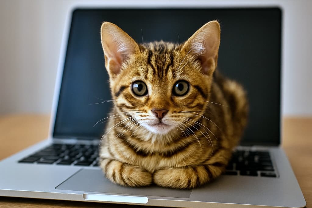 A photorealistic Bengal kitten sits in a perfect loaf position on a laptop keyboard, gazing directly at the camera with wide, expressive eyes. フォトリアルなベンガル子猫がノートパソコンのキーボードの上で完璧な「香箱座り」をし、まっすぐカメラを見つめている