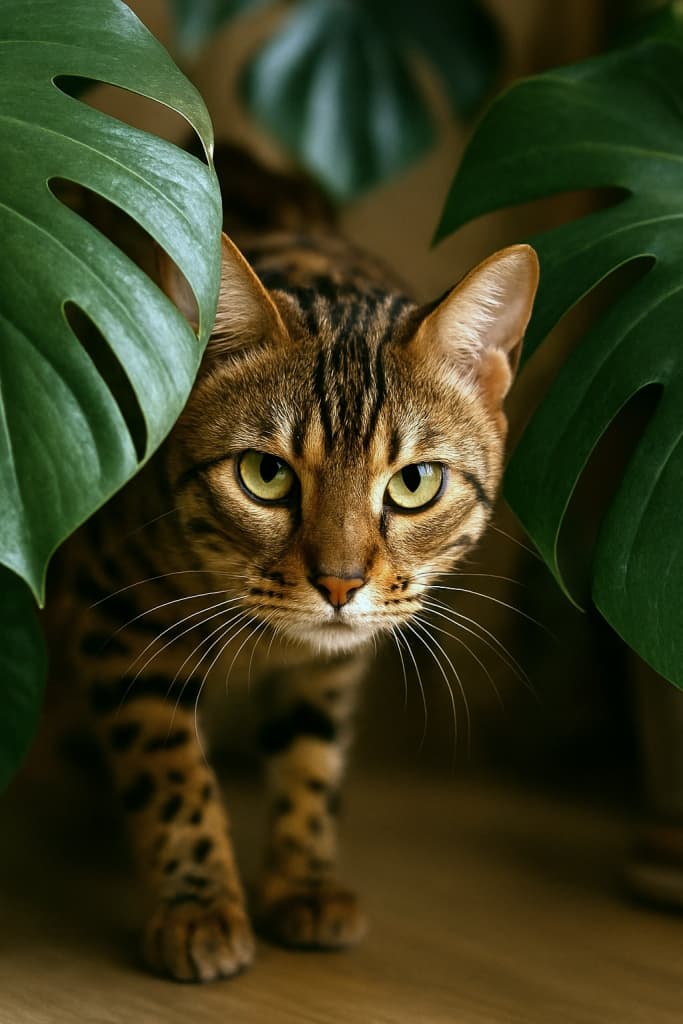 A young Bengal cat with intense amber eyes peers through the split leaves of a Monstera plant, partially hidden as it stalks its prey in a warmly lit indoor setting. 室内の暖かい光の中、モンステラの葉の隙間から鋭い琥珀色の目をした若いベンガル猫が獲物を狙って身を潜めている