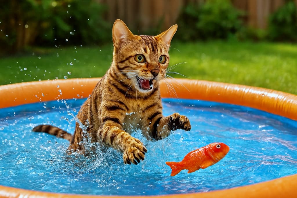 Photorealistic Bengal cat splashing in a backyard inflatable pool, chasing a red toy fish mid-leap. リアルなベンガル猫が庭のビニールプールで水しぶきを上げながら、赤いおもちゃの魚を追いかけている瞬間