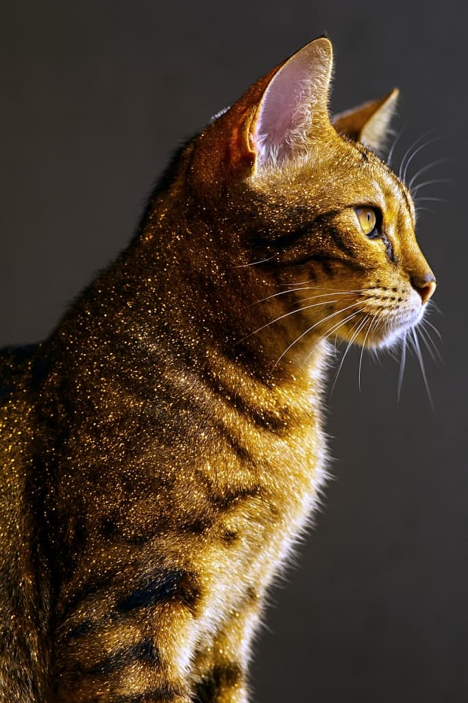 Close-up profile of a Bengal cat in sunlight, showcasing its glittering golden coat and vivid markings. 日光を浴びるベンガル猫の横顔アップ。金色に輝く被毛と鮮やかな模様が際立つ