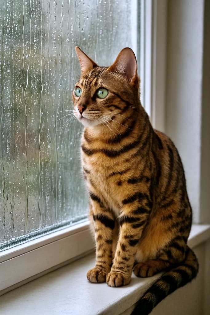 A photorealistic Bengal cat with vivid green eyes sits on a windowsill, gazing at rain-streaked glass. 写実的なベンガル猫が緑の瞳で雨に濡れた窓を見つめている、窓辺の静かなひととき