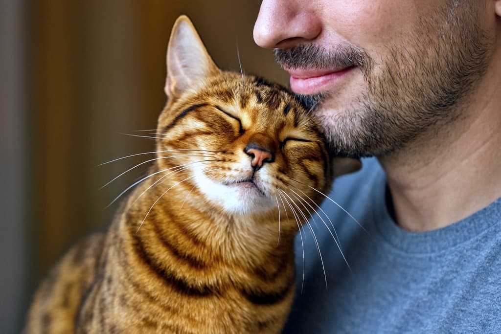 A photorealistic Bengal cat with eyes closed in bliss, gently rubbing its head against its smiling owner's chin in a warm, intimate moment. 目を閉じて至福の表情を浮かべるベンガル猫が、優しく飼い主の顎に頭をすり寄せる、温もりあふれる一瞬