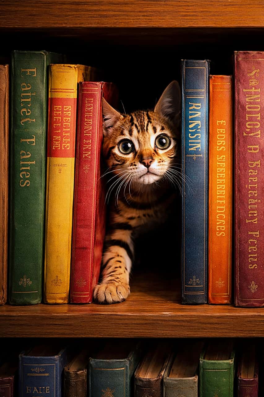 「本棚の向こうに何があるの?📚🐾好奇心が止まらないベンガル子猫の大冒険!」な顔のベンガル子猫が可愛すぎる」A curious Bengal kitten squeezing between colorful books on a wooden bookshelf, peering into the dark space behind them. カラフルな本が並ぶ本棚の隙間に入り込み、奥の暗がりをのぞき込む好奇心旺盛なベンガル子猫