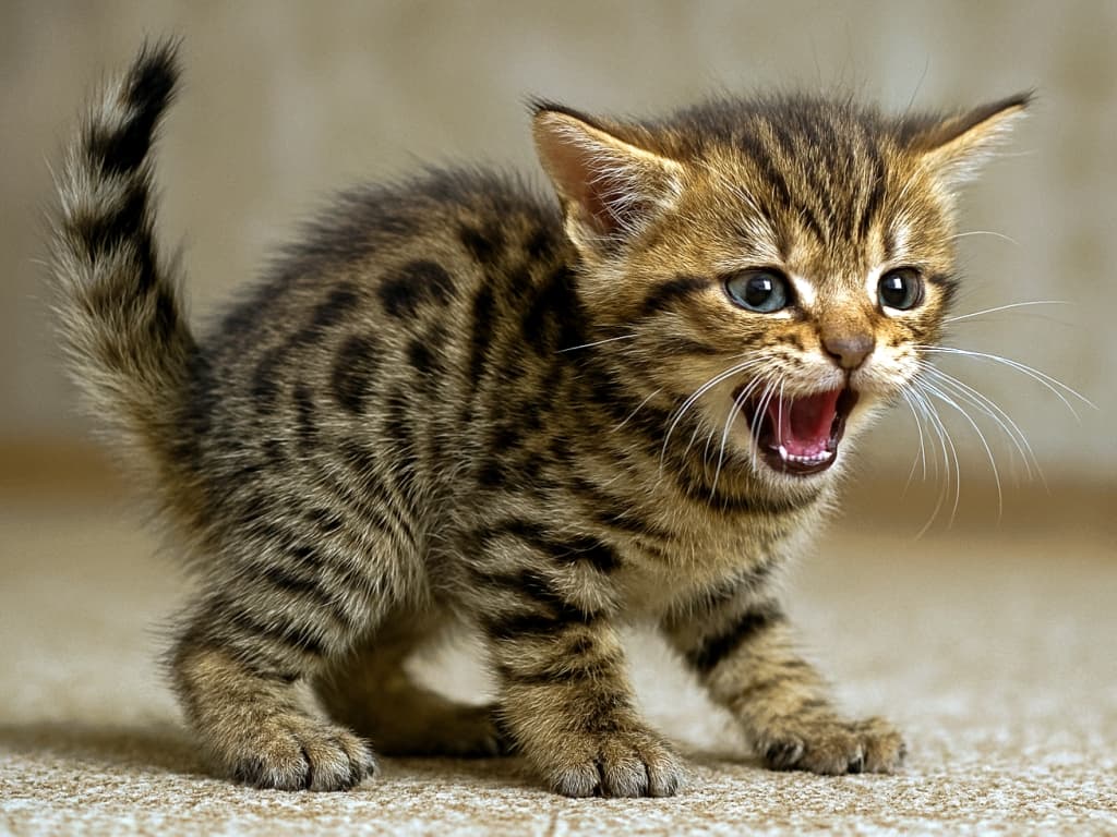 A tiny Bengal kitten arches its back and hisses at its own twitching tail, trying to look fierce despite its fluffy fur and wide, startled eyes. ふわふわのベンガル子猫が背中を丸め、自分の動く尻尾に向かって威嚇するように「シャーッ」と鳴いている。驚いたような大きな目が愛らしく、必死に強がっている様子が微笑ましい