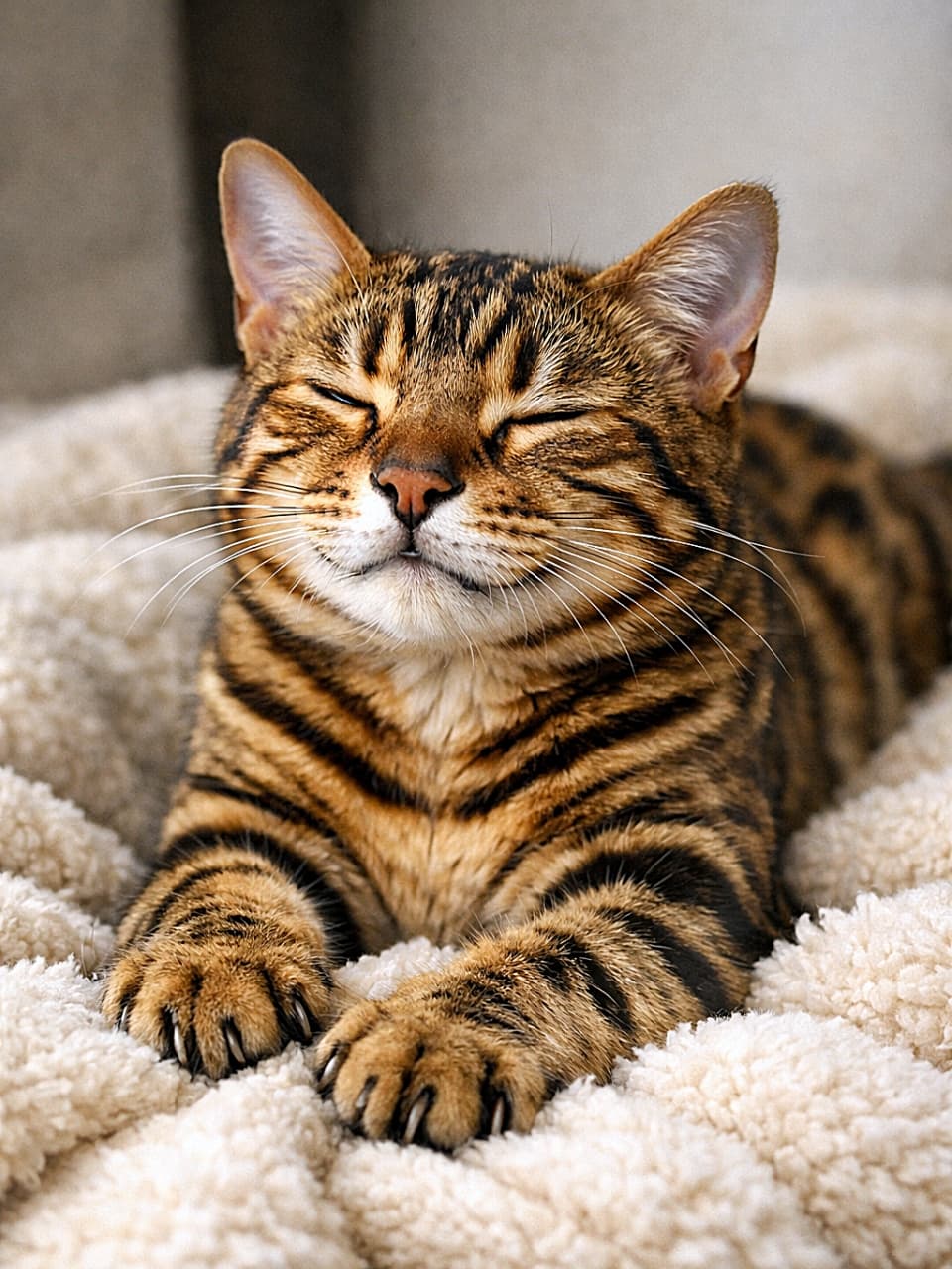 「至福のふみふみタイム発動中。毛布も幸せそうな極上リラックス猫」A happy Bengal cat kneading a soft plush blanket with half-closed eyes, purring in deep relaxation. ふわふわの毛布を前足でふみふみしながら、うっとり半目でくつろぐベンガル猫