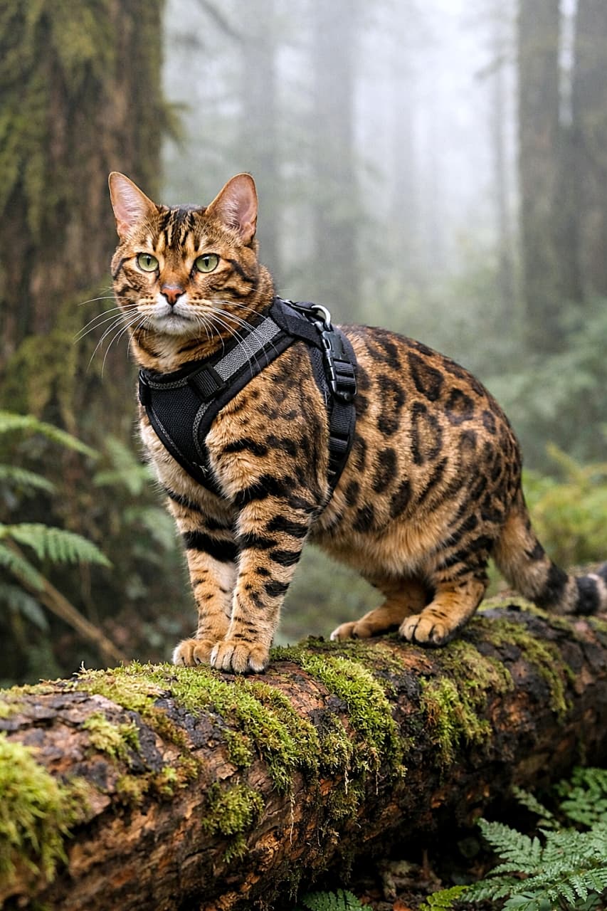 「霧の森を見守る、哲学者みたいなベンガル」A calm, wise-looking adult Bengal cat wearing a secure black harness stands elegantly on a moss-covered fallen log in a misty ancient forest, surrounded by tall trees and soft natural light. 黒いハーネスを着けた落ち着いた表情の成猫ベンガルが、霧に包まれた古い森の苔むした倒木の上に優雅に立っている様子
