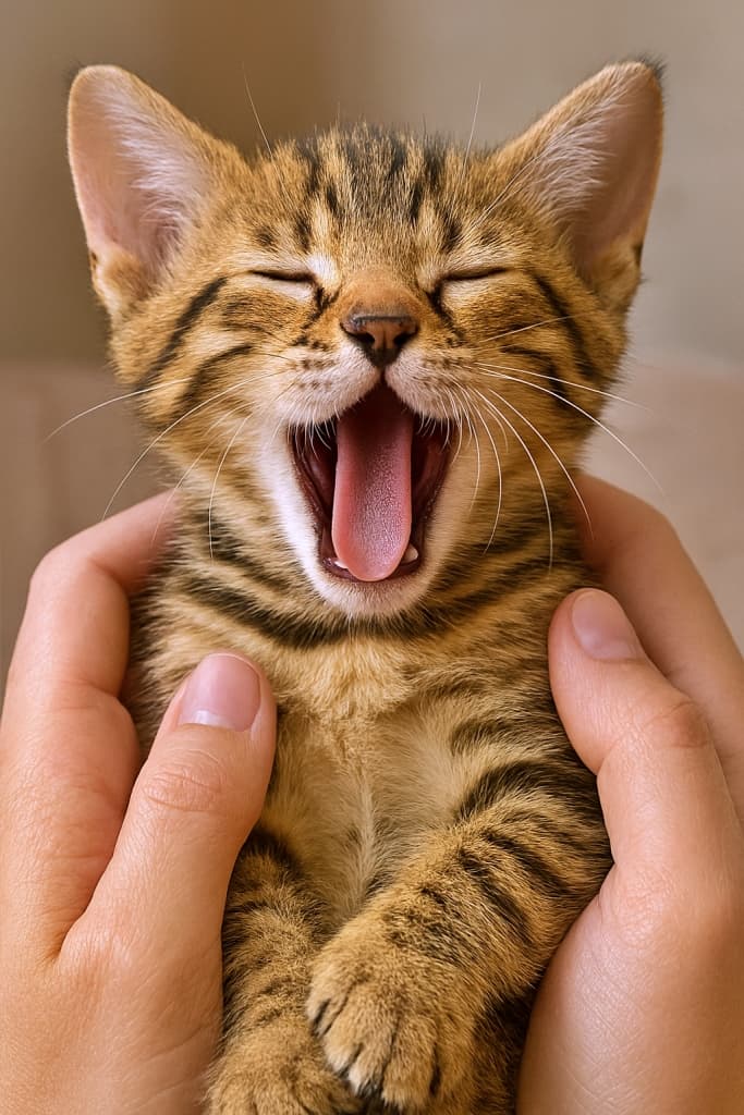 A photorealistic Bengal kitten yawns adorably while being gently cradled in its owner's hands. Its golden fur, spotted pattern, and tiny curled paws convey warmth and sleepiness. 写実的なベンガル子猫が飼い主の手の中で大きなあくびをしている様子。金色の毛並みと斑点模様、小さく丸まった前足が眠気と愛らしさを表現している