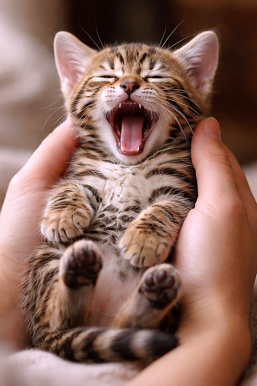 「おててに包まれて安心モード。全力あくびが尊すぎて時間が止まる瞬間」A sleepy Bengal kitten giving a huge yawn while being gently cradled in its owner's hands, close-up, photorealistic. 飼い主の手に優しく包まれながら、大きなあくびをする眠そうなベンガル子猫のクローズアップ写真