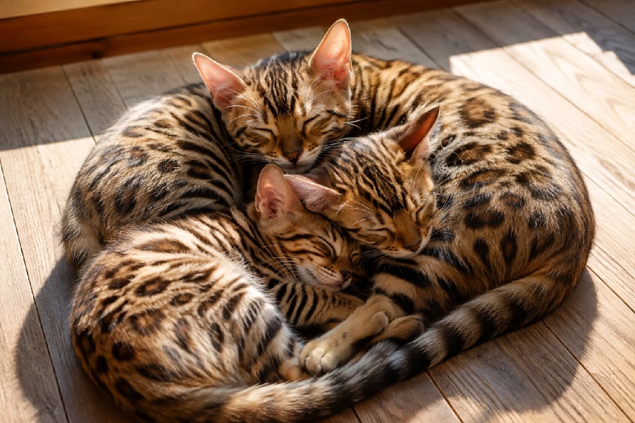 「ぽかぽか陽気のお昼寝タイム☀️ 3匹くっついて眠るベンガル模様の丸いフォルムがたまらないですね🐈💤 #ベンガル猫 #多頭飼い #お昼寝 #猫のいる暮らし」Ultra-realistic high-quality photograph of three Bengal kittens huddled together and sleeping peacefully in a warm sunbeam on a wooden floor. The sunlight gives their distinct leopard-patterned coats a golden glow, capturing their gentle sleeping faces and the realistic texture of their fur. 木の床の上で、暖かい陽だまりの中に丸まり、身を寄せ合って眠る3匹のベンガル子猫たち。くっきりとしたレオパード柄の被毛が太陽の光を浴びて黄金色に輝いています。安心しきった穏やかな寝顔と、美しい被毛の質感がリアルに伝わる温かみのある情景