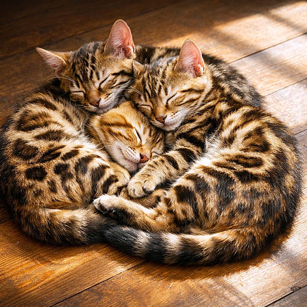 「毛並みも体温も共有中。これはもう、猫という名のぬくもり集合体」Three Bengal kittens sleeping tightly curled together, their patterned fur touching, resting in a warm sunbeam on a wooden floor. 木の床に差し込む陽だまりの中で、模様の美しいベンガル子猫3匹が密着して眠るクローズアップ