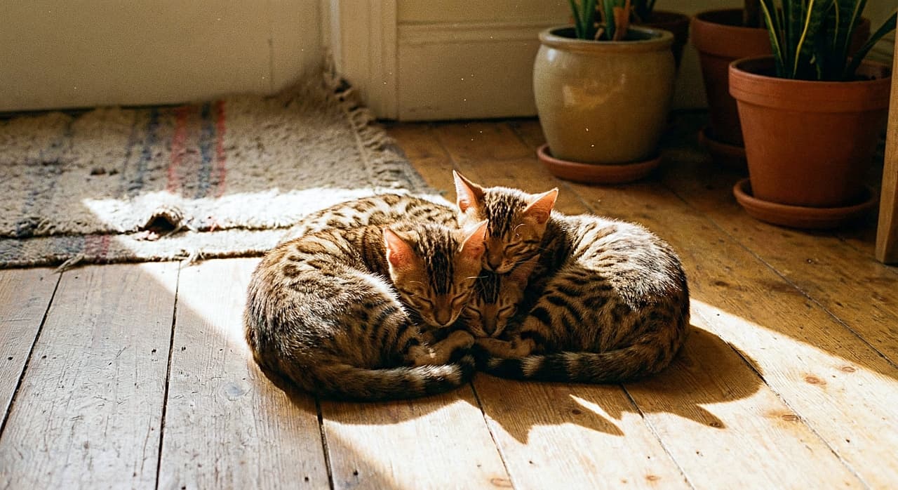「午後の光は、ここで停止中。静かな部屋に完成する、やさしい毛玉の輪」Three Bengal kittens curled up together on a wooden floor, sleeping peacefully in a warm sunbeam near potted plants. 観葉植物のそば、木の床に差し込む日差しの中で、3匹のベンガル子猫が寄り添って丸く眠っている様子