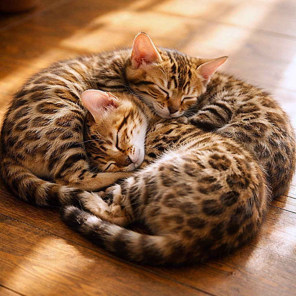 「お昼寝は団体行動。太陽とぬくもりを分け合う、完璧すぎる毛玉トリオ」Three Bengal kittens sleeping curled up together in a fluffy pile, resting peacefully in a warm sunbeam on a wooden floor. 木の床に差し込む暖かな日差しの中で、3匹のベンガル子猫が寄り添って丸くなり、静かに眠っている様子