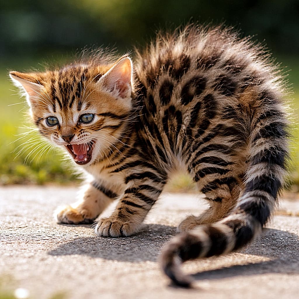 「自分のしっぽが最大のライバル。世界一小さくて、世界一勇ましい威嚇中です」A tiny fluffy Bengal kitten arches its back and hisses fiercely at its own twitching tail, captured in a photorealistic high-resolution close-up outdoors. 小さくてふわふわのベンガル子猫が、背中を丸め、自分のぴくぴく動く尻尾に向かって威嚇している様子を捉えた高精細な写真