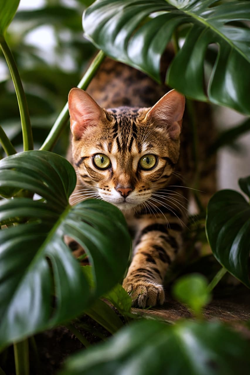 「ジャングル気分の室内ハンター、静かにロックオン中」Photorealistic young Bengal cat with an intense gaze stalking from behind large indoor monstera leaves 大きなモンステラの葉の陰から獲物を狙う、鋭い視線の若いベンガル猫
