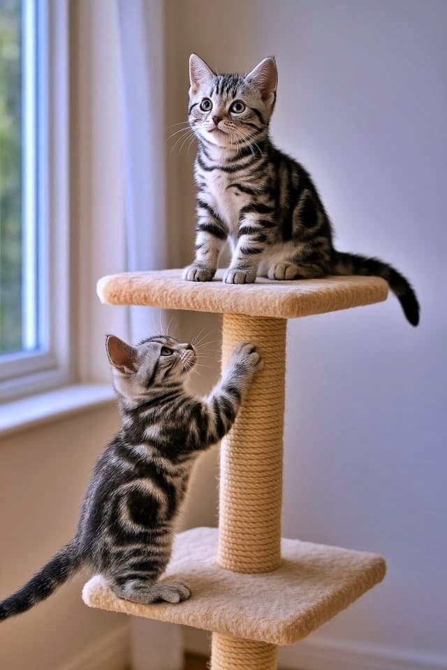 Two American Shorthair kittens are on a tall cat tower bathed in natural daylight from a nearby window. One kitten sits proudly on the top platform, gazing upward, while the other climbs determinedly from below—its left ear visibly missing due to a rendering error. 自然光が差し込む窓辺の高いキャットタワーに、2匹のアメリカンショートヘアの子猫がいる。1匹は最上段で誇らしげに上を見つめ、もう1匹は下段から力強く登っているが、左耳が欠損しており、生成時の描写ミスが見られる