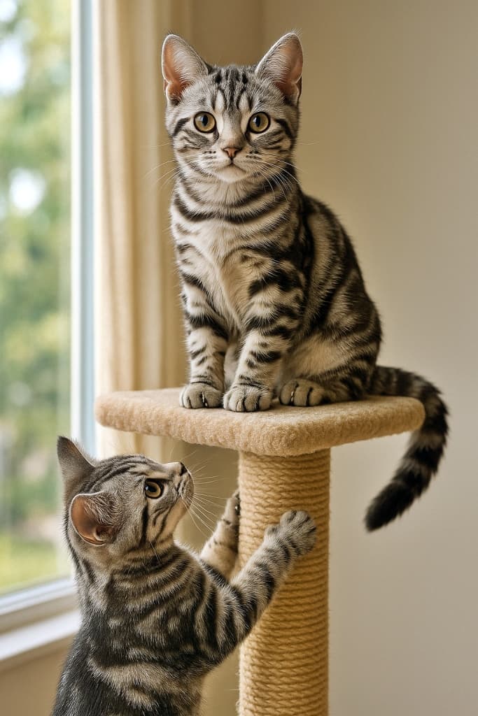 Two American Shorthair kittens with striking black and gray fur interact on a tall cat tower. The top kitten sits upright with wide eyes fixed on the camera, while the lower kitten stands on hind legs, front paws gripping the post. Natural light from the window highlights their symmetrical posture and vivid fur patterns. 黒とグレーの毛並みが際立つアメリカンショートヘアの子猫2匹が、高いキャットタワーで向き合っている。上の子は目を大きく開いてカメラを見つめ、下の子は後ろ足で立ち、前足で柱を掴んでいる。窓からの自然光が毛の模様と姿勢の美しさを引き立てている