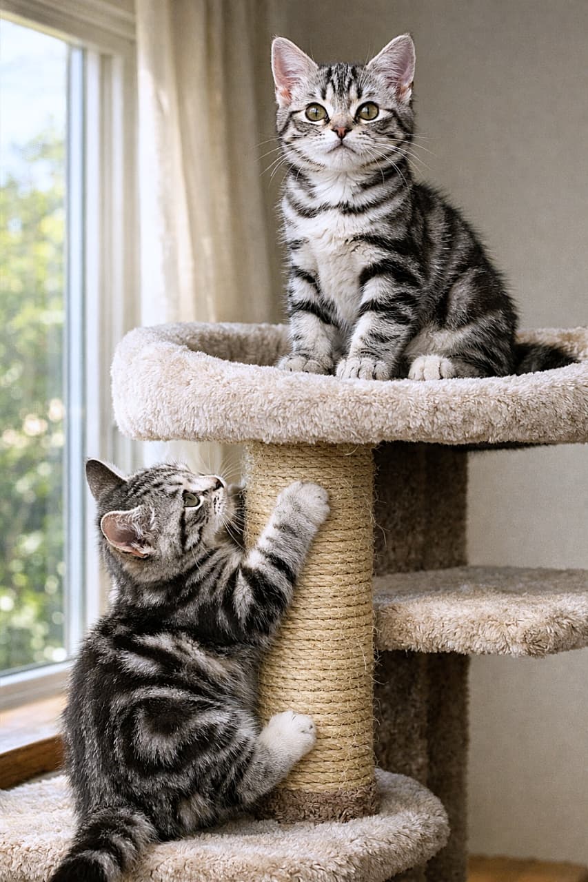 「てっぺん制覇と挑戦中！やる気満々きょうだいタワーバトル🐾」Two American Shorthair kittens on a tall cat tower, one sitting proudly on the top platform and the other climbing up determinedly, both ears clearly visible, captured from a natural front-side angle in soft daylight. 高いキャットタワーにいる2匹のアメリカンショートヘアの子猫。1匹は最上段で誇らしげに座り、もう1匹は決意に満ちた表情で登っている。自然な斜め前方アングルで、両耳がはっきり写っている