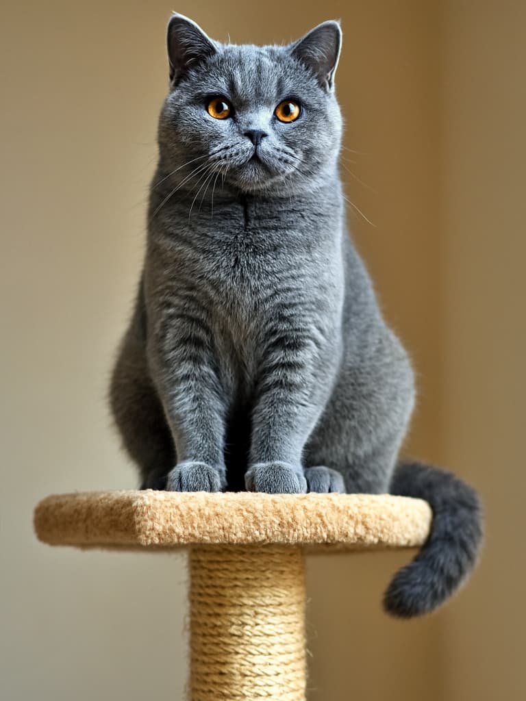 A photorealistic image of a young blue British Shorthair cat perched atop a beige cat tree, gazing downward with calm confidence. Its plush gray-blue fur and amber eyes are highlighted by soft natural light. ベージュのキャットタワー最上段に佇む若いブルーのブリティッシュショートヘア。柔らかな自然光に照らされ、ふわふわの灰青色の毛並みと琥珀色の瞳が穏やかで自信に満ちた表情を際立たせている