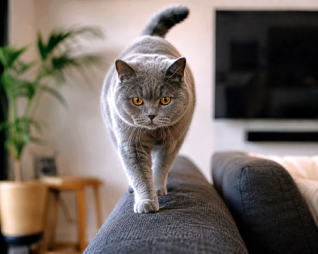 「ソファの上をモデル歩き🐈✨ 真剣なお顔で迫ってくるむっちりボディに、思わず見惚れちゃいますよね😍 #猫のいる暮らし #ブリティッシュショートヘア」Ultra-realistic high-quality photograph of a blue British Shorthair cat walking confidently towards the camera along the backrest of a dark sofa in a modern living room. Its dense grey coat, striking round orange eyes, and upright tail capture a dynamic and adorable moment. モダンなリビングのソファの背もたれの上を、カメラに向かって堂々と歩くブルーのブリティッシュショートヘア。特有の密生した灰色の被毛、まん丸なオレンジ色の瞳、そしてピンと立てたしっぽが、自信に満ちた躍動感と愛らしさを伝えています