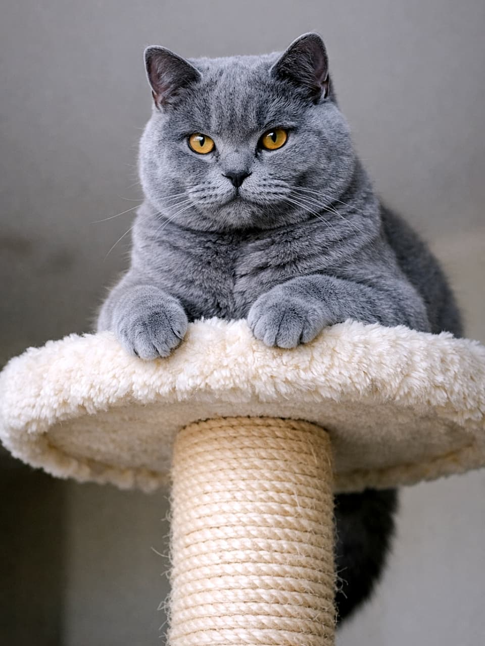 「ここが王座。静かな貫禄で見下ろす、タワーの頂点に君臨するもふ王様🐾」A majestic young blue British Shorthair cat perched on the highest platform of a cat tree, gazing downward with a calm and confident expression. キャットタワーの最上段に座り、落ち着いて自信に満ちた表情で見下ろす若いブルーのブリティッシュショートヘア