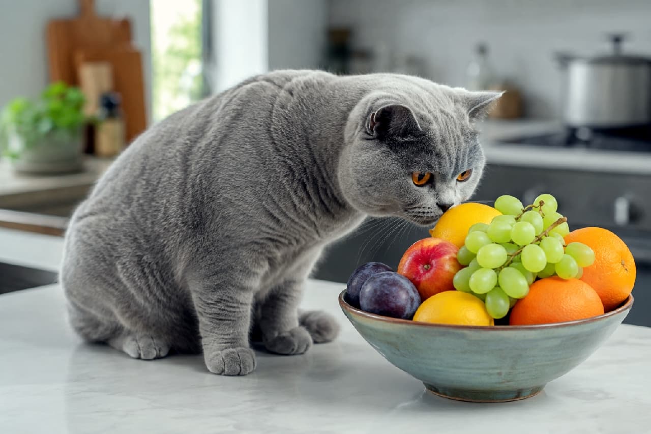 「これ、美味しいのかな?🍎🍊 フルーツの甘い香りに誘われてパトロール開始!真剣なお顔が可愛すぎます😂💖 #キッチン猫 #食いしん坊猫 #猫のいる暮らし #ブリティッシュショートヘア」Ultra-realistic high-quality photograph of a blue British Shorthair cat on a bright kitchen counter, leaning in to smell a bowl of colorful fresh fruits including grapes, oranges, and apples. The contrast between the cat's chubby grey body and the vibrant fruits is visually striking. 明るい清潔なキッチンのカウンターで、ボウルに盛られた色鮮やかなフルーツ(ぶどう、オレンジ、リンゴなど)に顔を近づけて匂いを嗅ぐブルーのブリティッシュショートヘア。灰色のふくよかな体と、フレッシュな果物の色彩コントラストが美しい一枚
