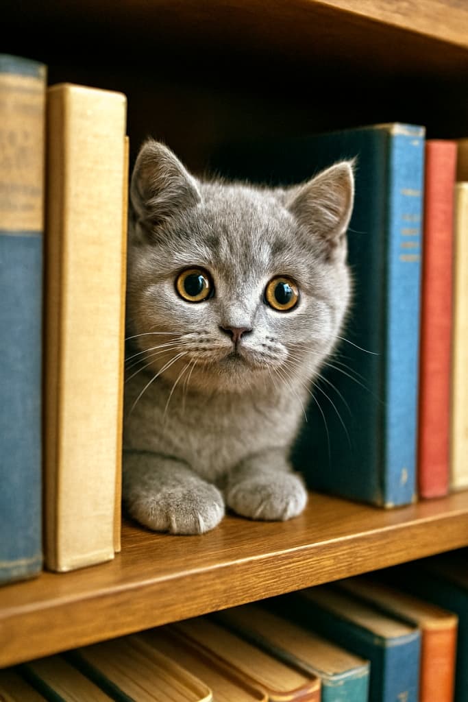 A photorealistic British Shorthair kitten with wide amber eyes peeks out from between two rows of colorful books on a wooden bookshelf, bathed in soft natural light. フォトリアルなブリティッシュショートヘアの子猫が、木製の本棚の2列の本の間から顔をのぞかせている。大きな琥珀色の瞳が好奇心に輝き、柔らかな自然光に包まれている