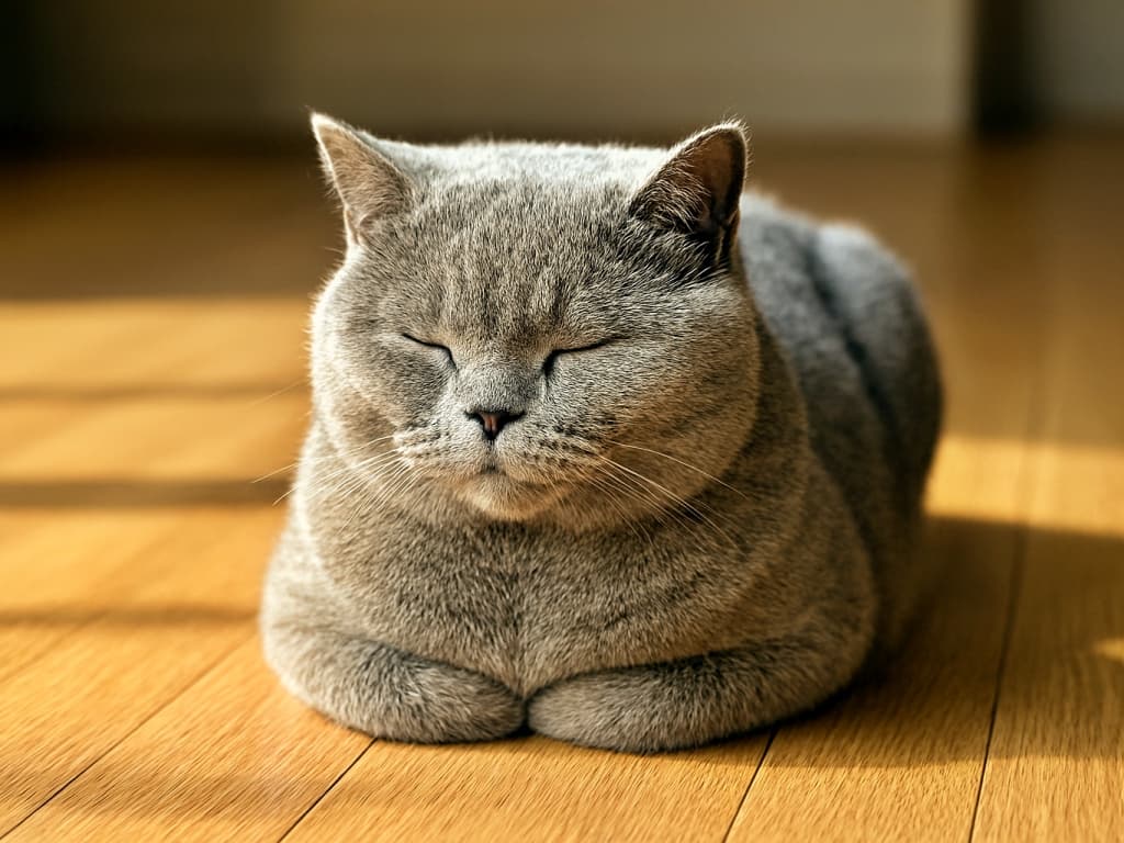A photorealistic British Shorthair cat sits in a perfect loaf position on a sunlit wooden floor, eyes closed and face relaxed, bathed in warm morning light. 日差しが差し込む木の床の上で、ブリティッシュショートヘアの猫が香箱座りをしている。目を閉じ、穏やかな表情で朝の光に包まれている