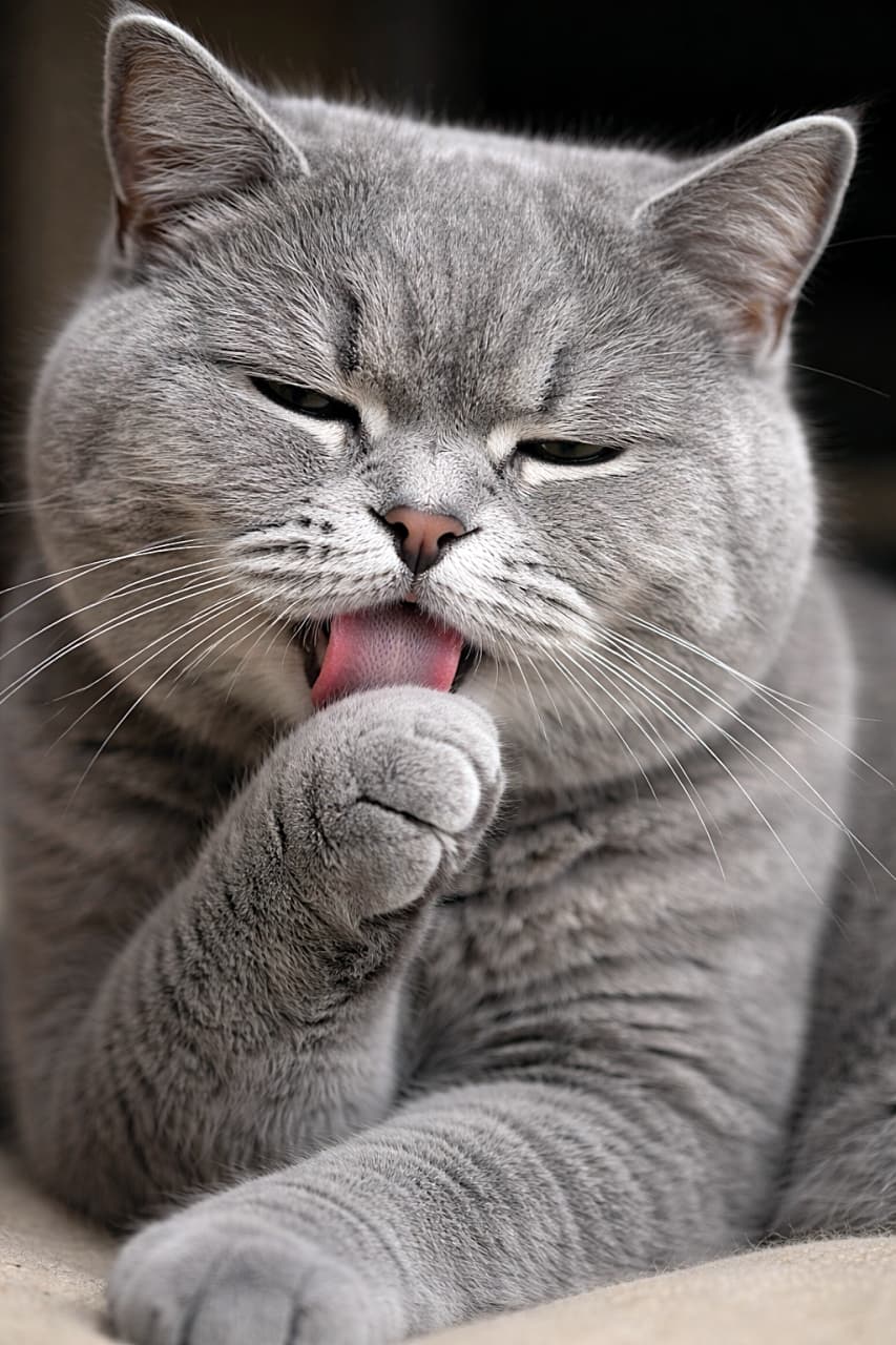 「全集中!もふもふ職人が仕上げる至高のセルフケアタイム」Close-up of an adult British Shorthair cat grooming its paw with half-closed eyes, showing highly detailed dense fur. 半目で集中しながら前足を丁寧に毛づくろいする成猫のブリティッシュショートヘアのクローズアップ。密度の高い被毛の質感がよく分かる