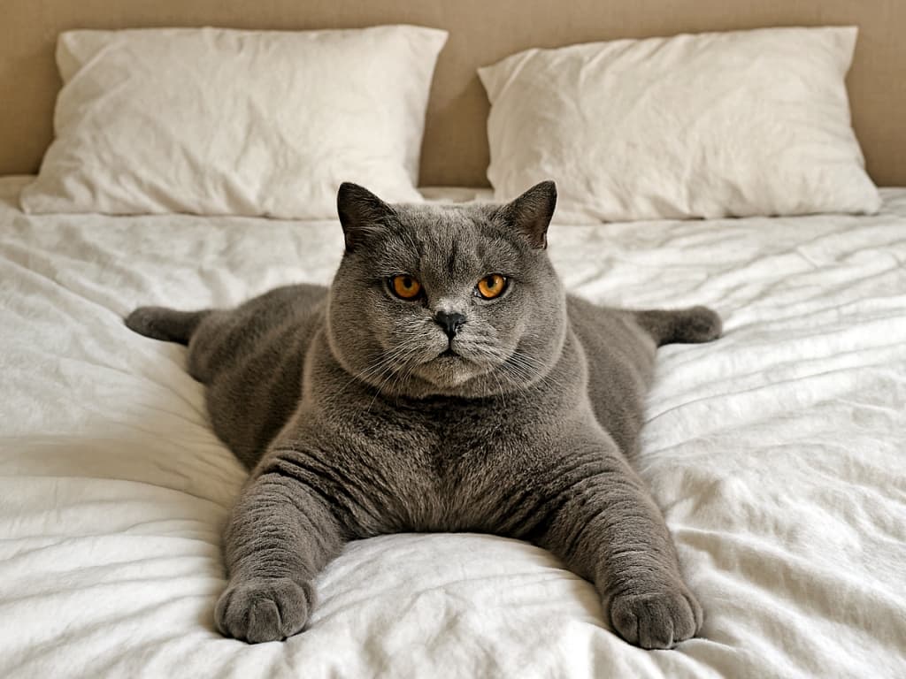 A photorealistic British Shorthair cat with a plush blue-gray coat sprawled regally in the center of a white-sheeted bed, gazing confidently at the viewer. 白いシーツのベッド中央に堂々と寝そべる、青灰色の毛並みが美しいブリティッシュショートヘアの猫。自信に満ちた眼差しでこちらを見つめているフォトリアルな描写