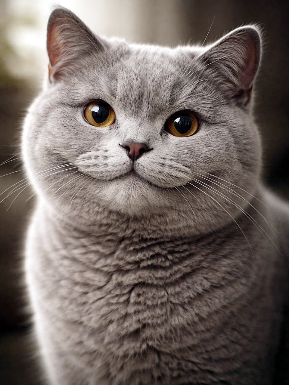 「ほっぺむにっ!英国紳士の余裕ただよう癒やしのブリティッシュスマイル」Photorealistic close-up portrait of an adult British Shorthair cat showing its signature “British Smile,” with round cheeks, slightly upturned mouth, and soft diffused lighting. 丸いほっぺと口角が少し上がった「ブリティッシュスマイル」を見せる成猫のブリティッシュショートヘアのフォトリアルなクローズアップポートレート。柔らかな拡散光