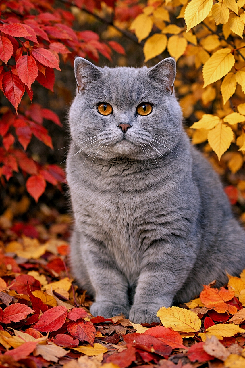 「秋色に包まれた英国紳士、気品あふれるまなざし🍁」A handsome British Shorthair cat with a plush blue-gray coat sitting calmly among vibrant red and yellow autumn leaves, looking directly at the camera in soft natural light. 鮮やかな赤や黄色の紅葉に囲まれ、カメラをまっすぐ見つめるブルーグレーのブリティッシュショートヘア
