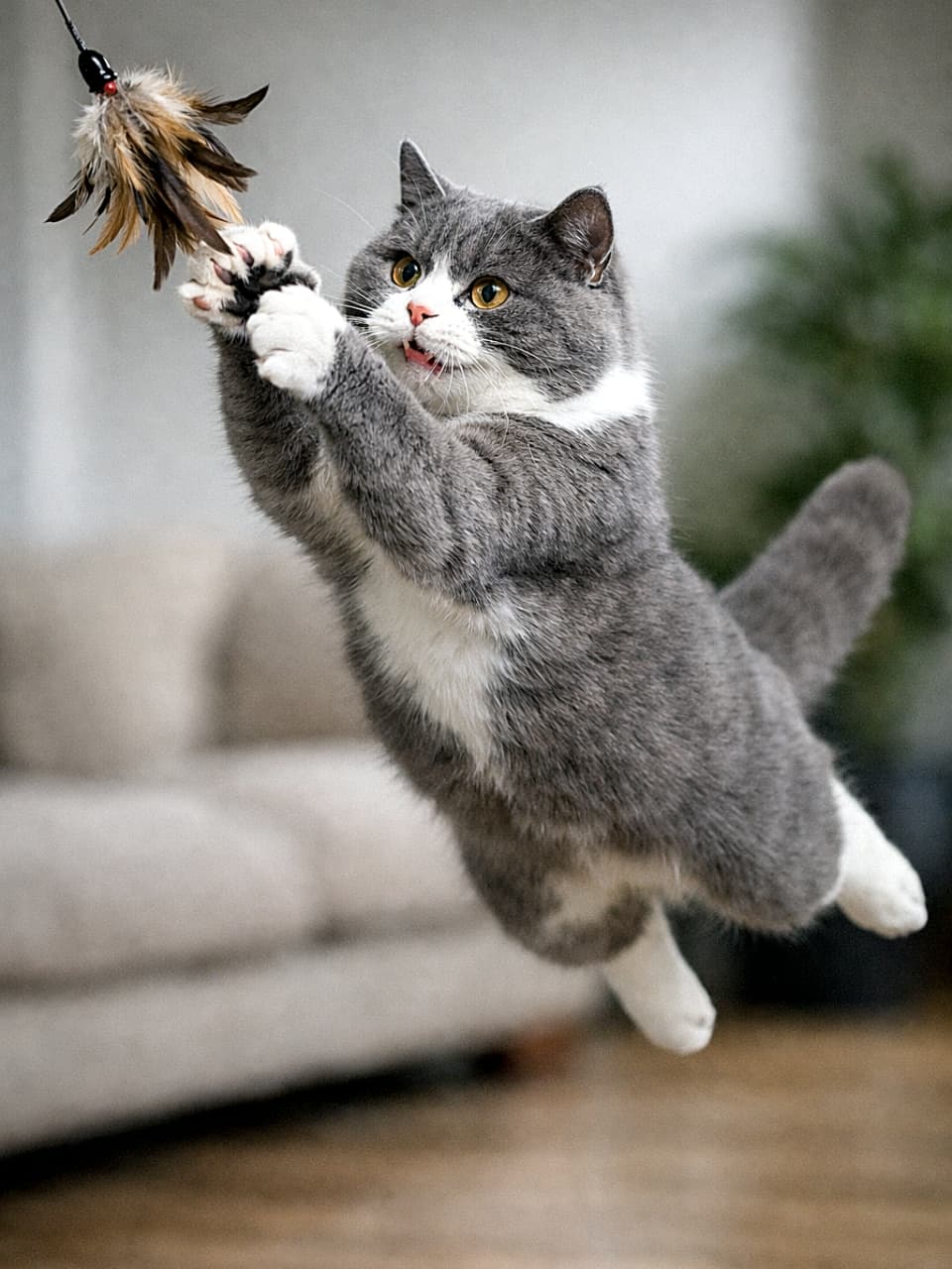 「羽おもちゃに全集中!空中で本気モード発動のジャンプハンター🐾✨」A photorealistic British Shorthair cat leaping mid-air indoors, reaching out to catch a feather toy held off frame, with sharp focus and dynamic motion. 室内で宙に跳び上がり、フレーム外の羽根のおもちゃを捕まえようとするブリティッシュショートヘアの猫。躍動感のあるシャープな描写