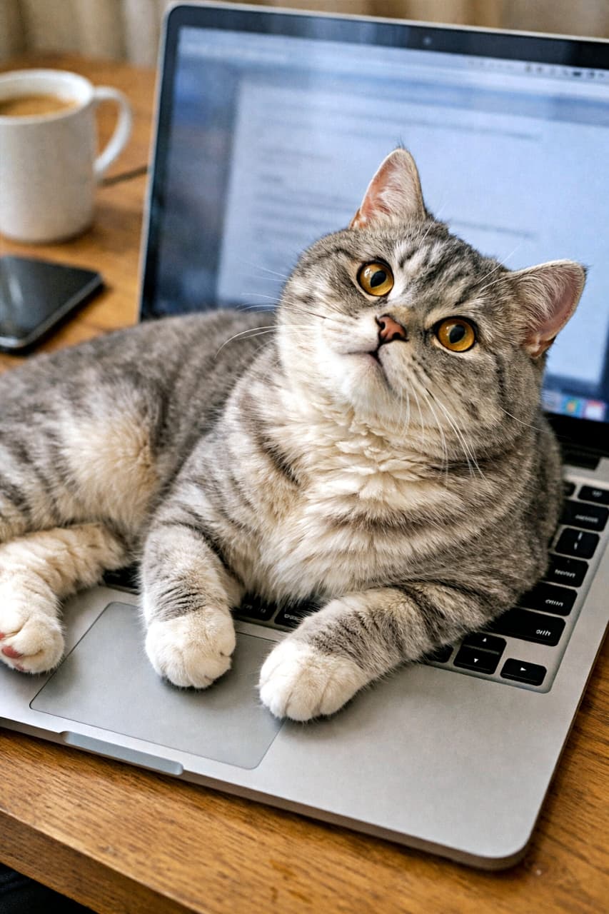 「「ねえ、仕事よりボクを見て?」💻 キーボードを占領する確信犯な上目遣いに完敗…🥺💕」High-angle shot of a cheeky grey British Shorthair cat lying comfortably across a silver laptop keyboard and trackpad. The cat looks up at the camera with large, pleading amber eyes, demanding attention. 銀色のノートパソコンのキーボードとトラックパッドの上にどっしりと寝そべる、グレーのブリティッシュショートヘア。大きな琥珀色の瞳で「仕事より私を見て」と見上げている
