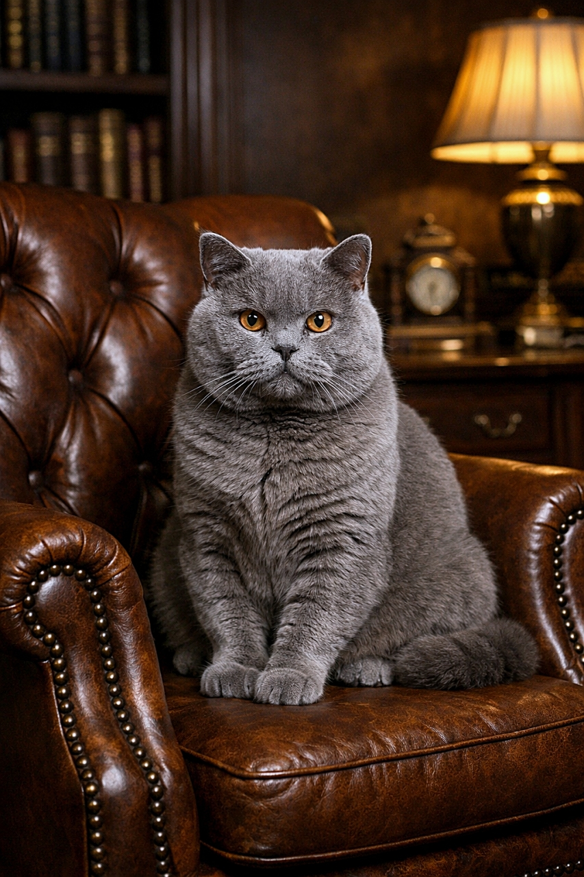 「重厚な書斎の主はボク。英国紳士の風格、ここに極まる」A dignified adult British Shorthair cat sitting majestically on a classic brown leather armchair in a dimly lit, elegant study with warm lamp light and bookshelves in the background. 薄暗く上品な書斎で、温かなランプの灯りに包まれながらクラシックな革張りアームチェアに堂々と座る成猫のブリティッシュショートヘア