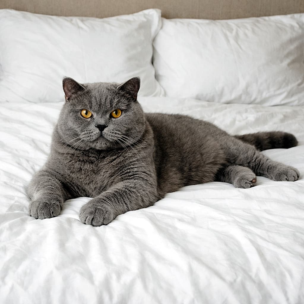 「ここは完全に私の場所。ベッドの主として堂々と鎮座するブリティッシュ様」A large adult British Shorthair cat lying regally in the center of a bed with white sheets, looking directly at the camera with calm amber eyes in soft natural light. 白いシーツのベッド中央に堂々と寝そべり、落ち着いた琥珀色の瞳でカメラを見つめる成猫のブリティッシュショートヘア