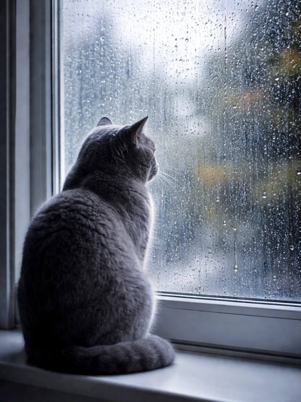 「雨の日は、しっとり哲学モード。窓辺で世界を見つめるまんまる紳士」An adult British Shorthair cat sitting on a windowsill, gazing thoughtfully outside through a rain-covered window, softly silhouetted by natural light. 雨粒がついた窓越しに外を静かに見つめる、窓辺に座った成猫のブリティッシュショートヘア