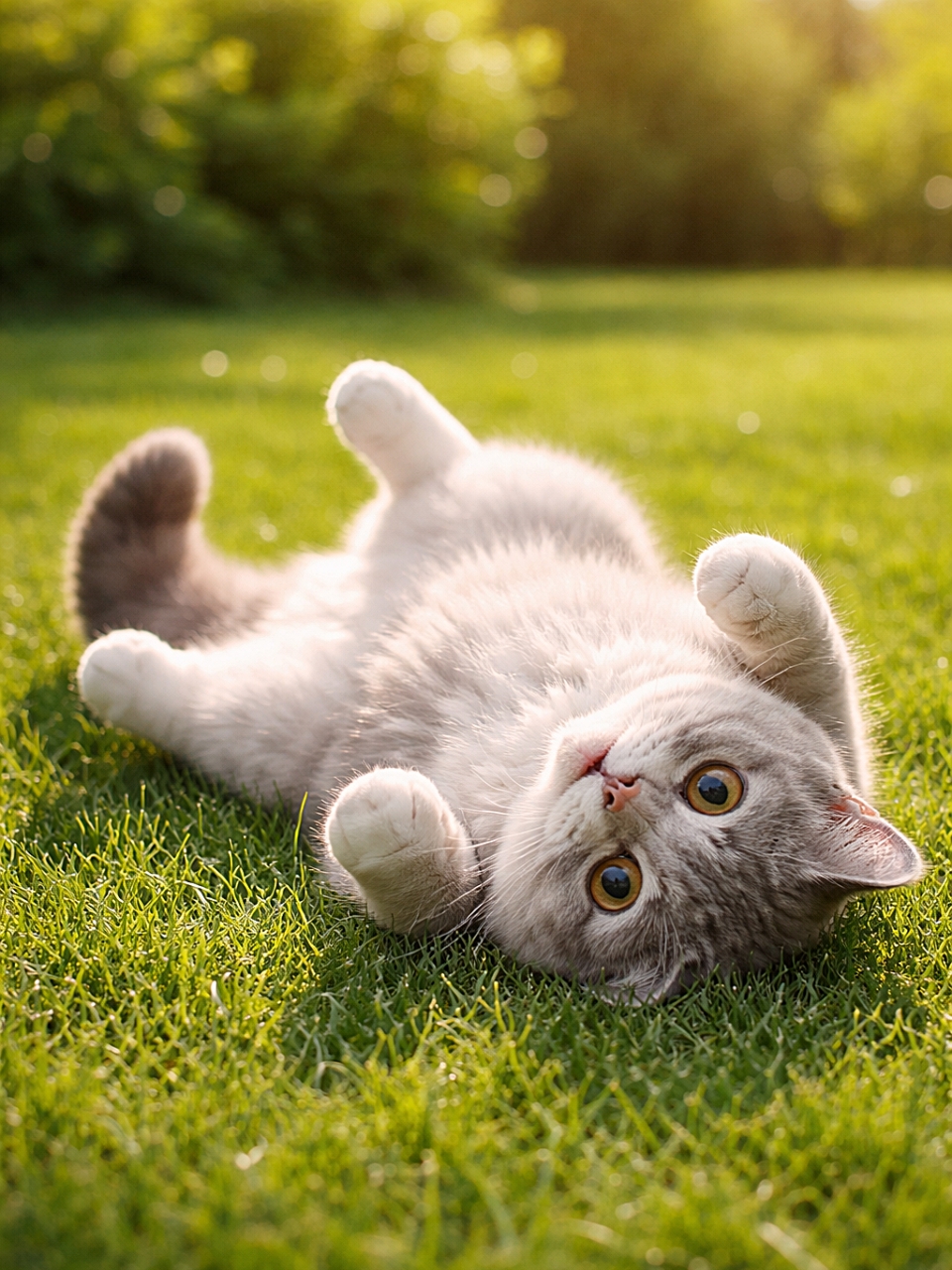 「芝生ゴロンでご機嫌MAX!お腹全開の幸せタイム🌿」A happy British Shorthair cat rolling on its back on a lush green lawn in soft afternoon sunlight, looking playfully at the camera. やわらかな午後の日差しの中、青々とした芝生の上でお腹を見せて楽しそうに転がるブリティッシュショートヘア