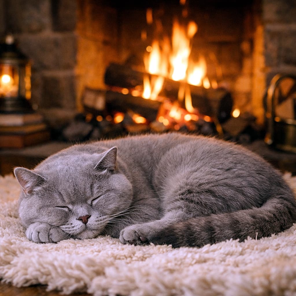 「ぬくぬく暖炉タイムで夢の中。冬の幸せを独り占めする極上ねこ時間」A cozy adult British Shorthair cat peacefully sleeping on a plush rug in front of a warm, crackling fireplace. 暖かく燃える暖炉の前で、ふかふかのラグの上で気持ちよさそうに眠る成猫のブリティッシュショートヘア