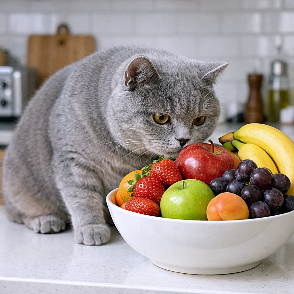 「フルーツの甘い香りに思わず前のめり。好奇心が止まらないブリティッシュさん🍎🐱」A curious British Shorthair cat sitting on a clean kitchen counter, sniffing a bowl of fresh fruit 清潔なキッチンカウンターの上で、新鮮なフルーツの入ったボウルを興味深そうに嗅ぐブリティッシュショートヘアの猫